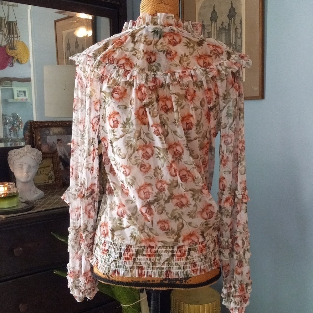 INC International Concepts Pink Rose Floral Chiffon Ruffle Smocked Blouse Small - Picture 7 of 15